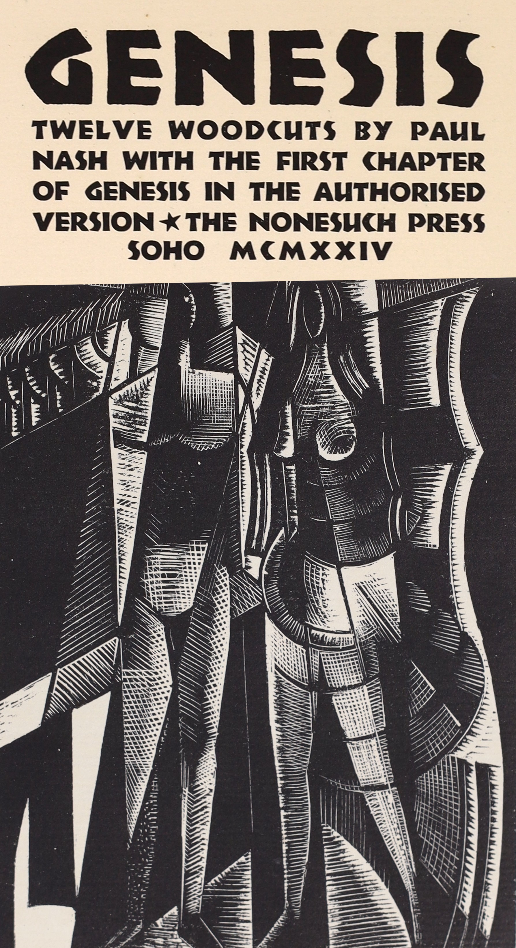 Bible in English - Nash, Paul [illustrator] - Genesis. Limited edition, one of 375, Authors presentation copy to his wife with signed inscription. Complete with 12 woodcut illustrations by Paul Nash. Original black paper